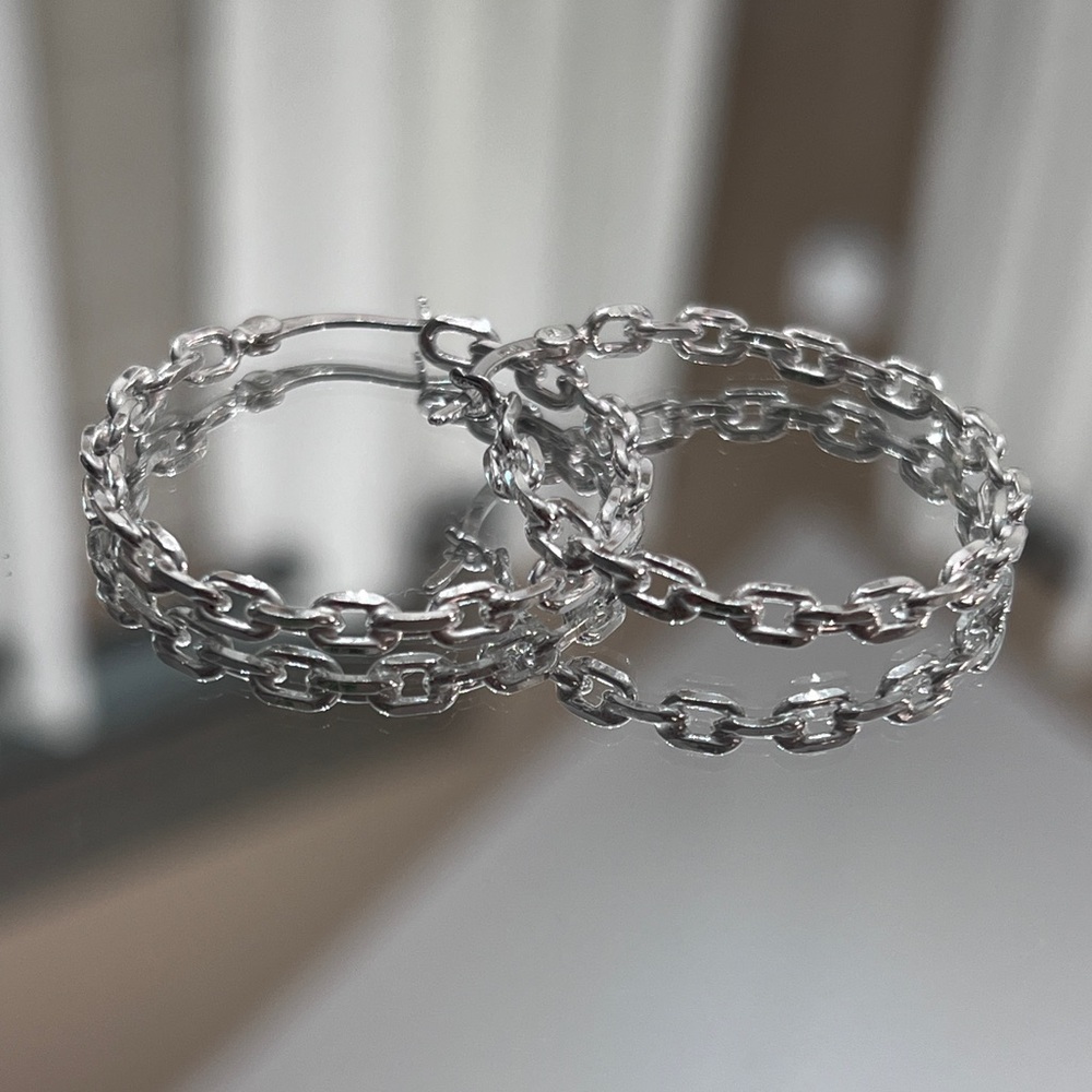 Solid 925 Sterling Silver Chain Link Look Hoop Earrings